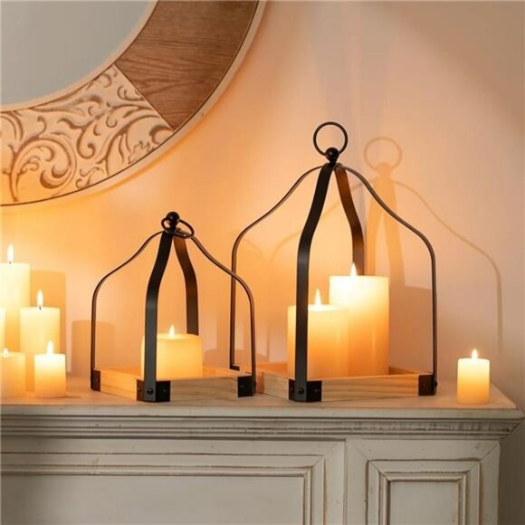 Romadedi Farmhouse Lantern Set Rustic Wood Candle Holders Home Table Decor - Picture 2 of 8